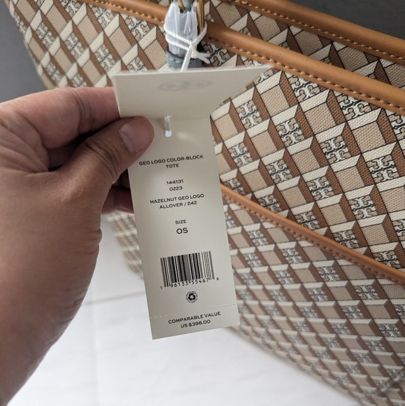 NWT Tory Burch Geo Logo Color-Block Top Zip Allover Large Tote in Hazelnut - Picture 2 of 5